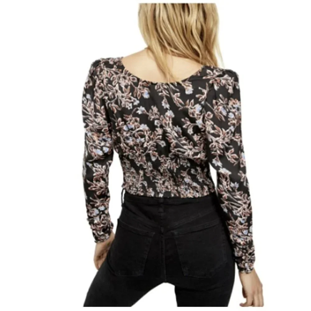 FREE PEOPLE Santiago Blouse Black Floral Long Sleeve Scoop Neck Smock Top